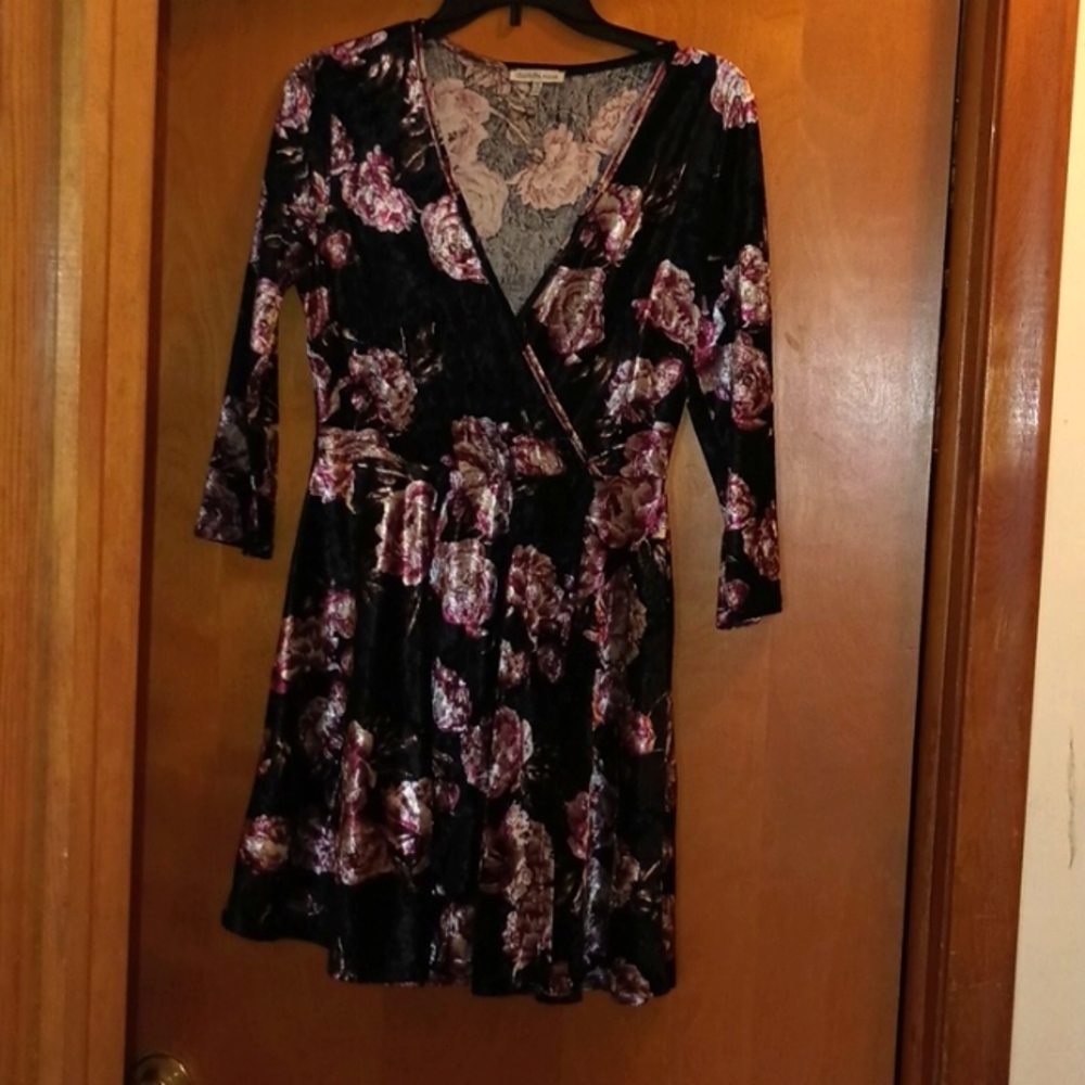 Black Velvet dress with pink floral design. Sz- M